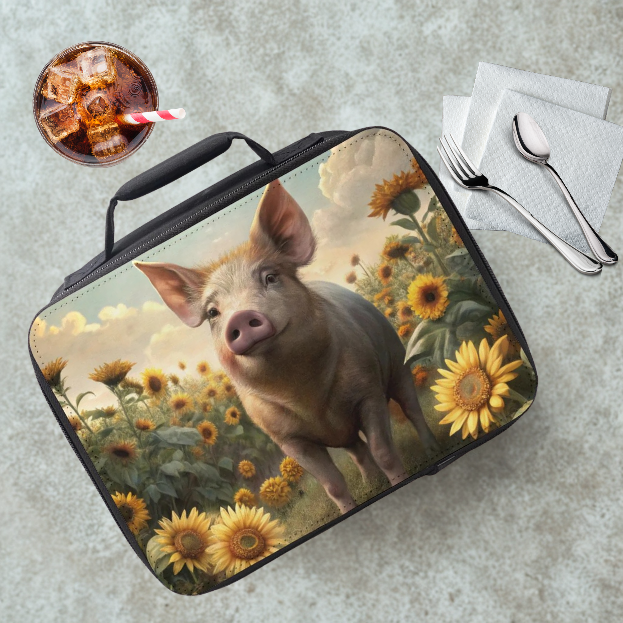 Lunch bag with a pig and sunflower design on a table with a drink and utensils.