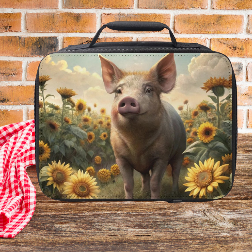 Lunch bag with a pig and sunflower design on a wooden picnic table with a brick wall background.