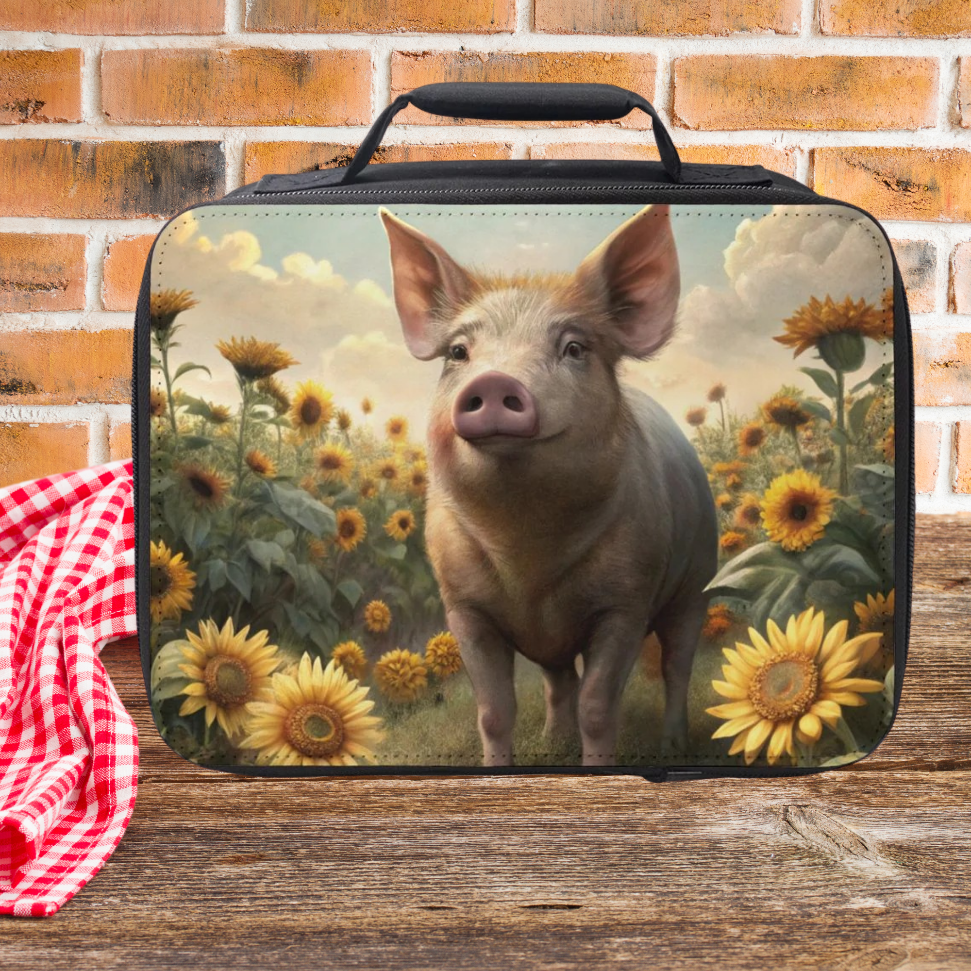 Lunch bag with a pig and sunflower design on a wooden picnic table with a brick wall background.