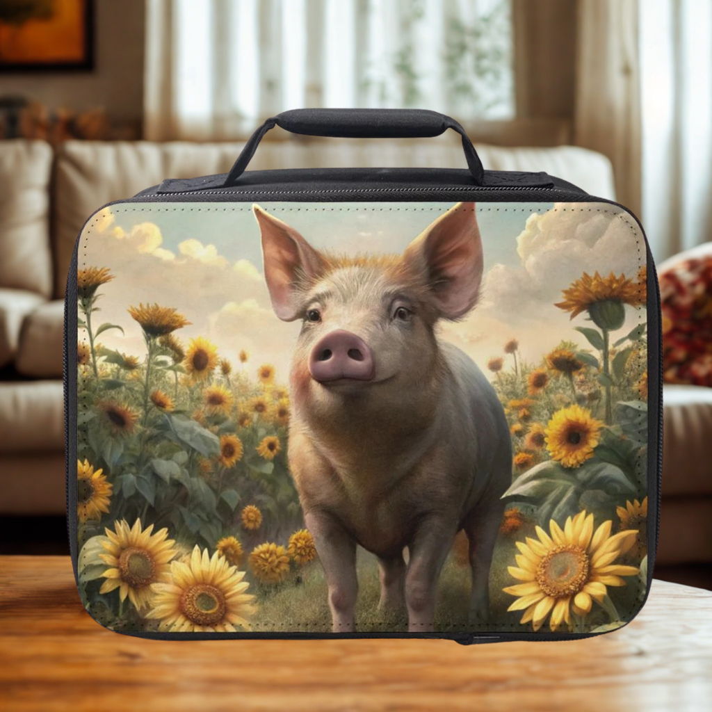 Lunch bag with a pig and sunflower design on a wooden table in a living room