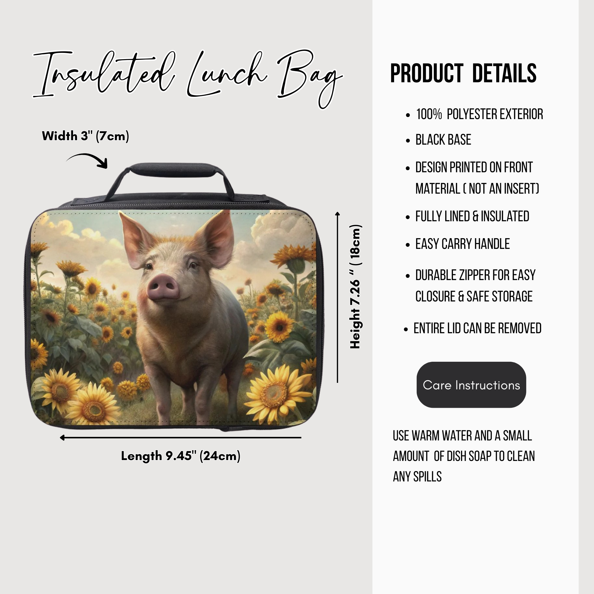 Insulated lunch bag with a pig design on a white background with product details