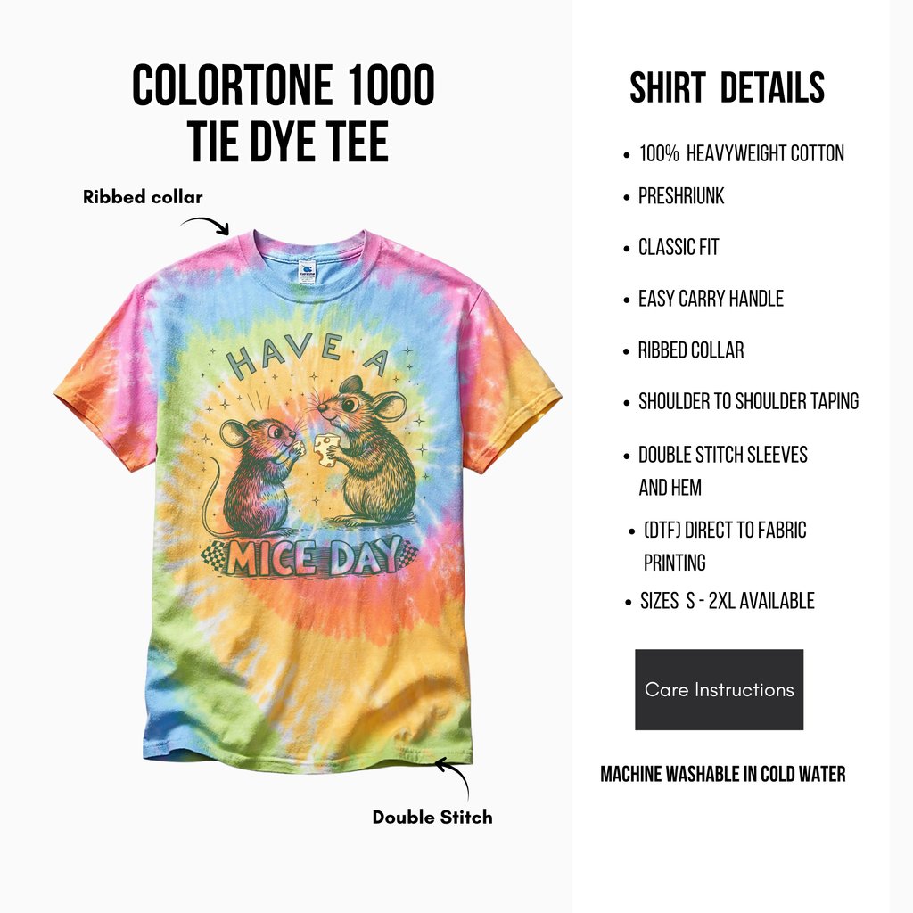 Tie-dye t-shirt with graphics and text, displayed with shirt details on a white background.
