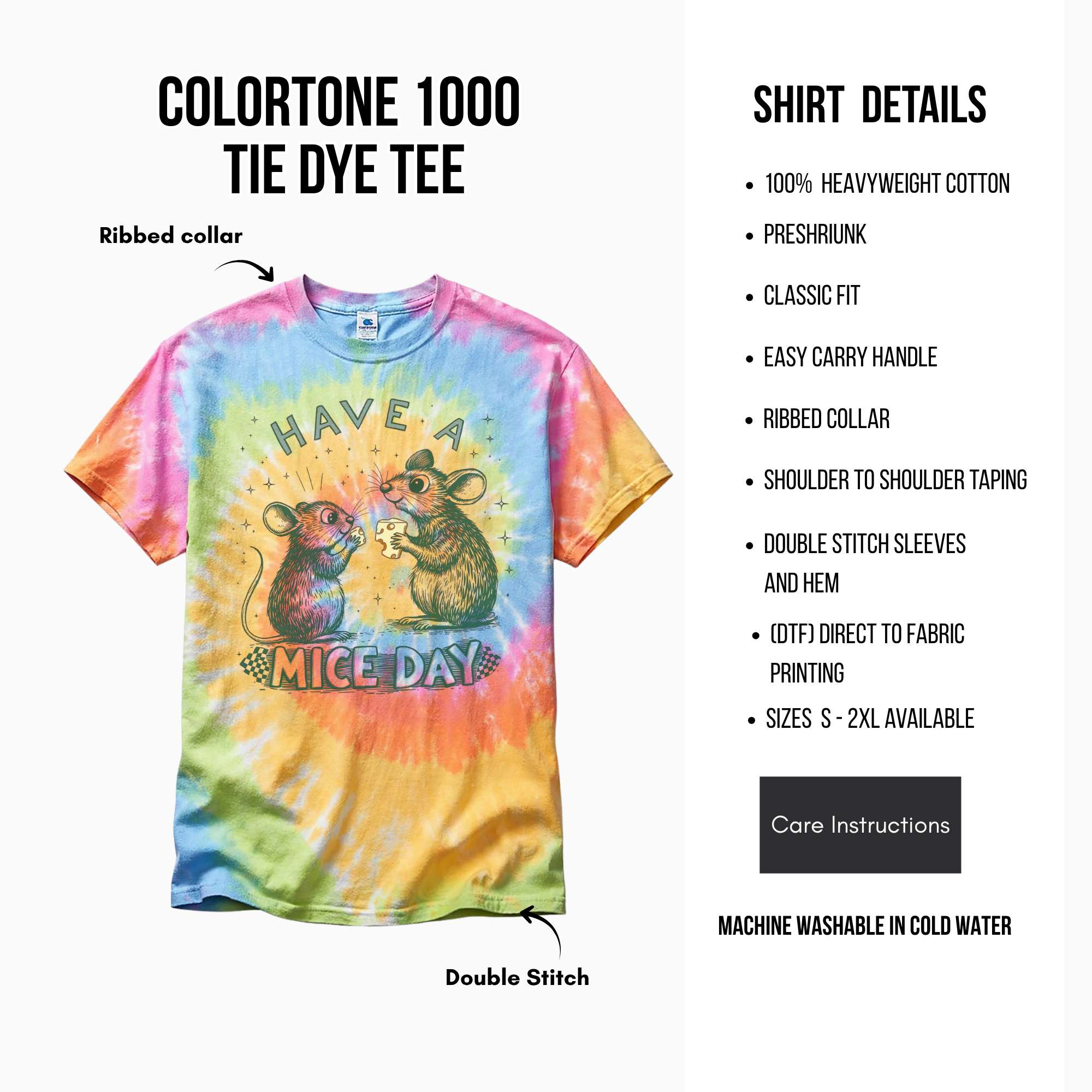 Tie-dye t-shirt with graphics and text, displayed with shirt details on a white background.
