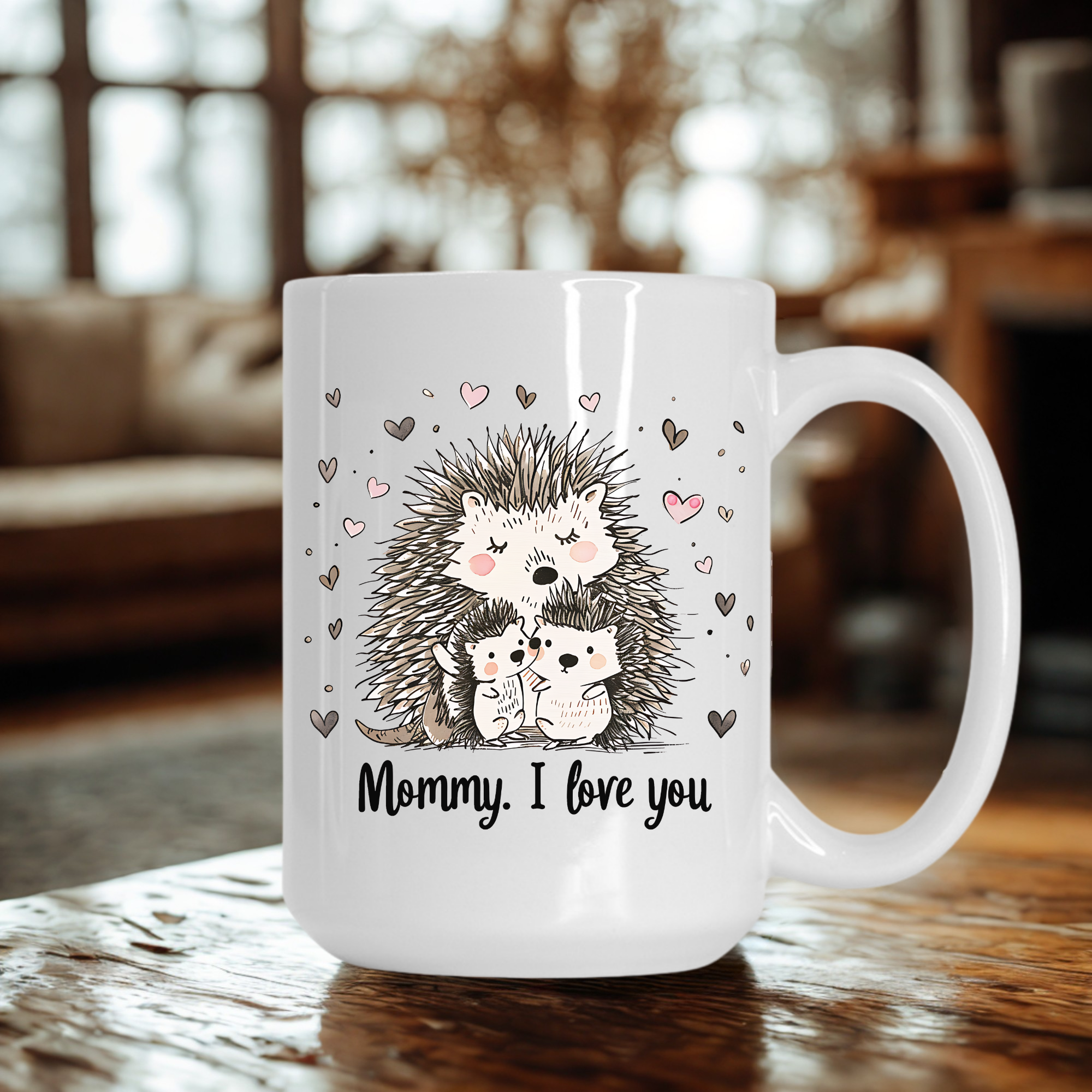 White 15oz mug with hedgehog design and 'Mommy, I love you' text on a wooden surface.