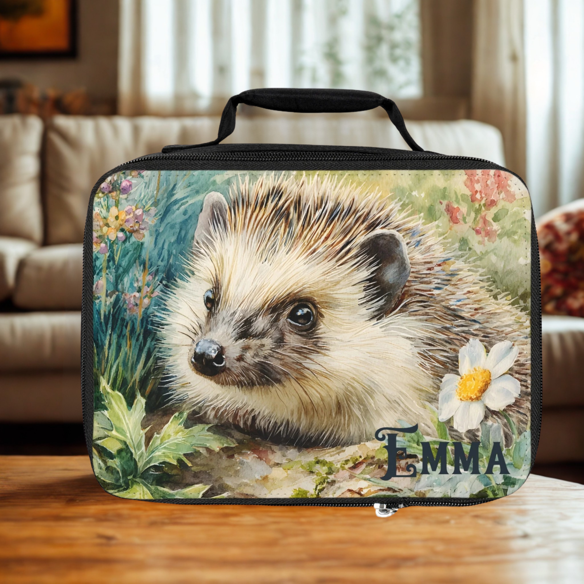  insulated lunch bag with hedgehog design and 'Emma' personalized text on a wooden living room table