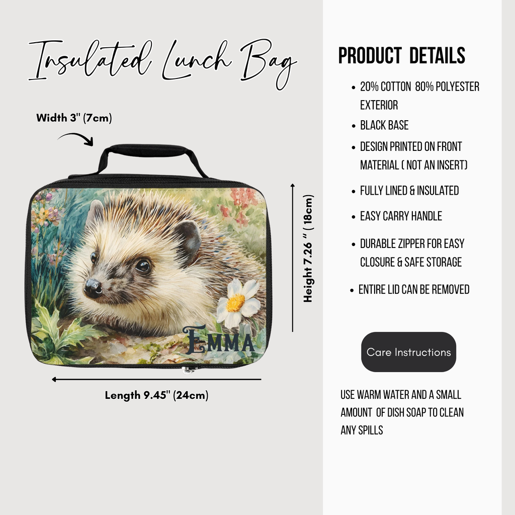 Insulated lunch bag with hedgehog design and product details on a white background
