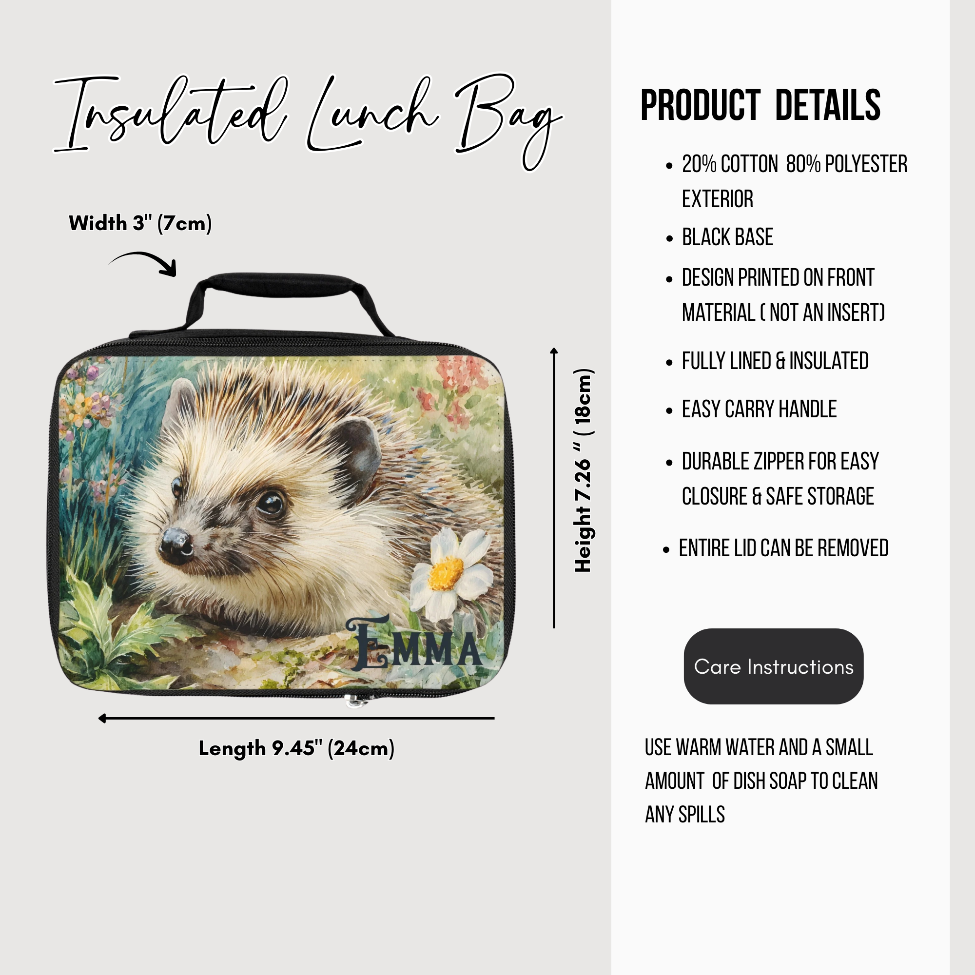 Insulated lunch bag with hedgehog design and product details on a white background