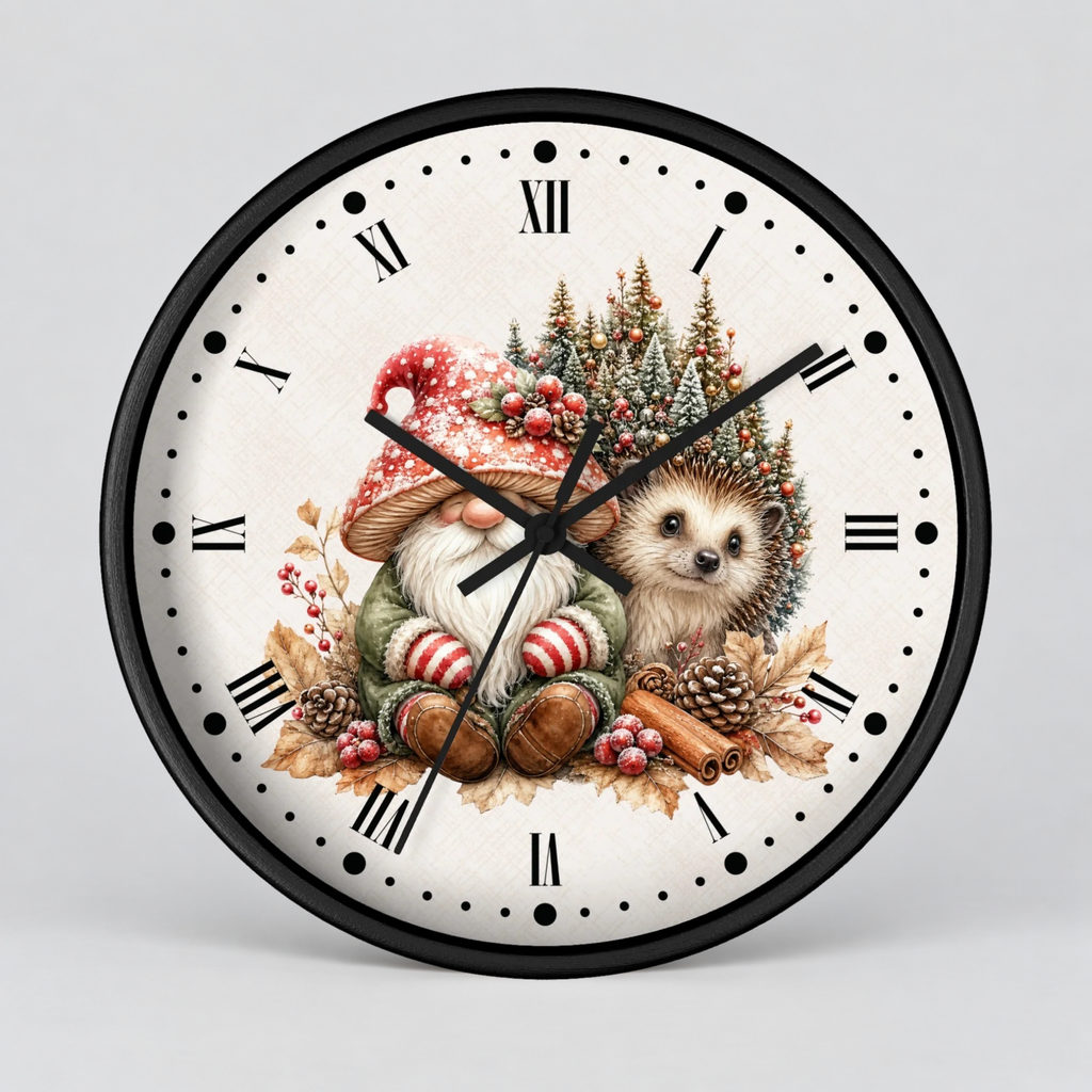 Christmas Gnome & Hedgehog Wall Clock — Cute Holiday Nursery Decor
