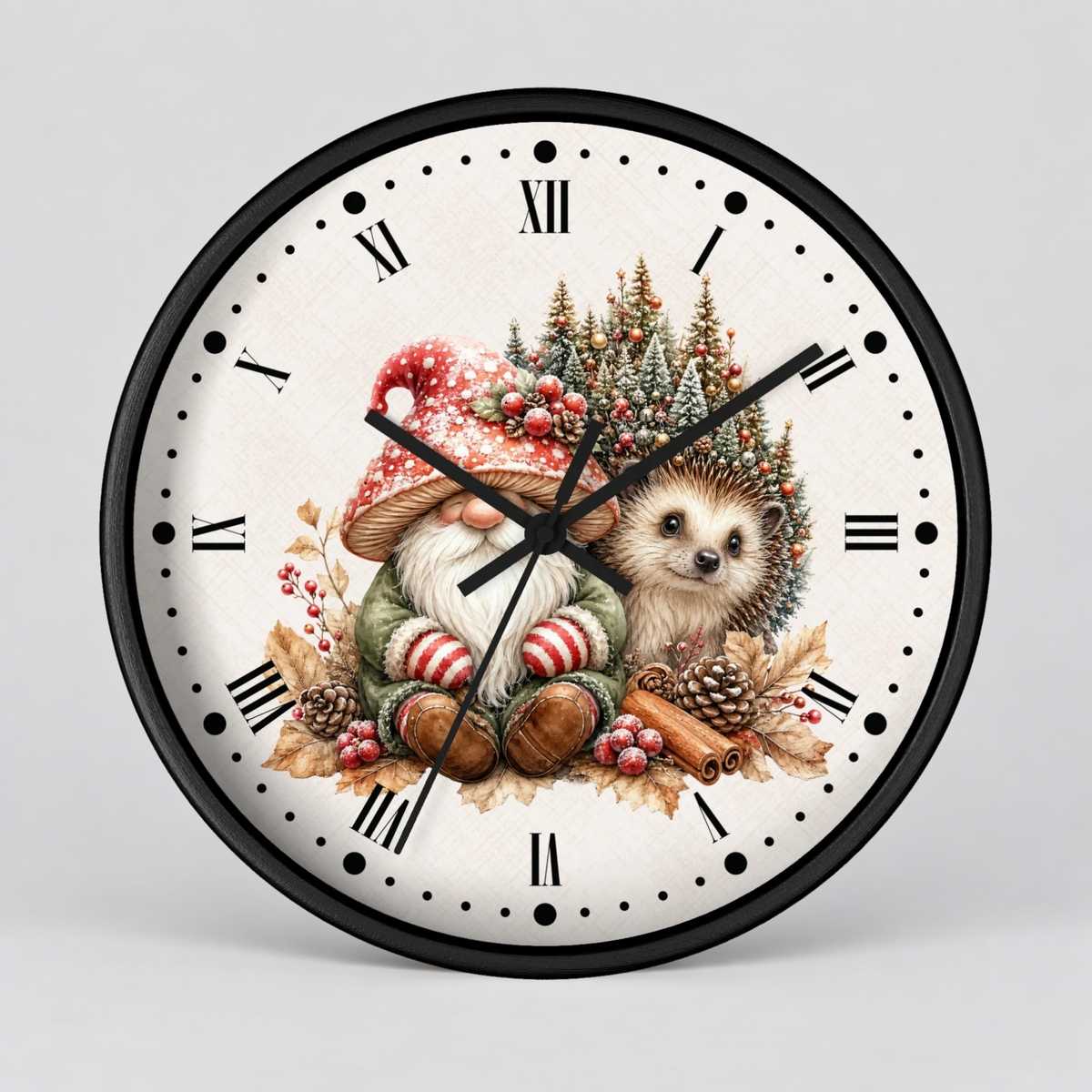 Christmas Gnome & Hedgehog Wall Clock — Cute Holiday Nursery Decor
