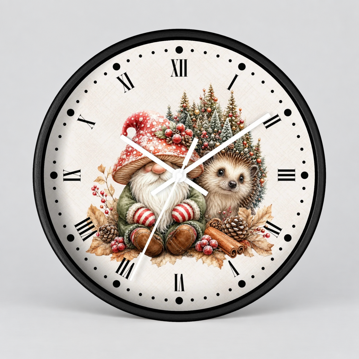 Christmas Gnome & Hedgehog Wall Clock — Cute Holiday Nursery Decor