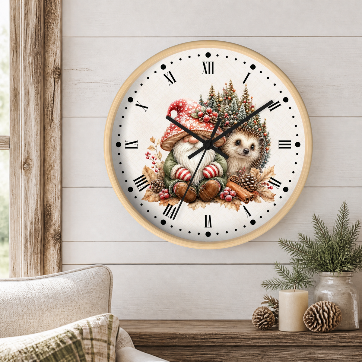 Christmas Gnome & Hedgehog Wall Clock — Cute Holiday Nursery Decor