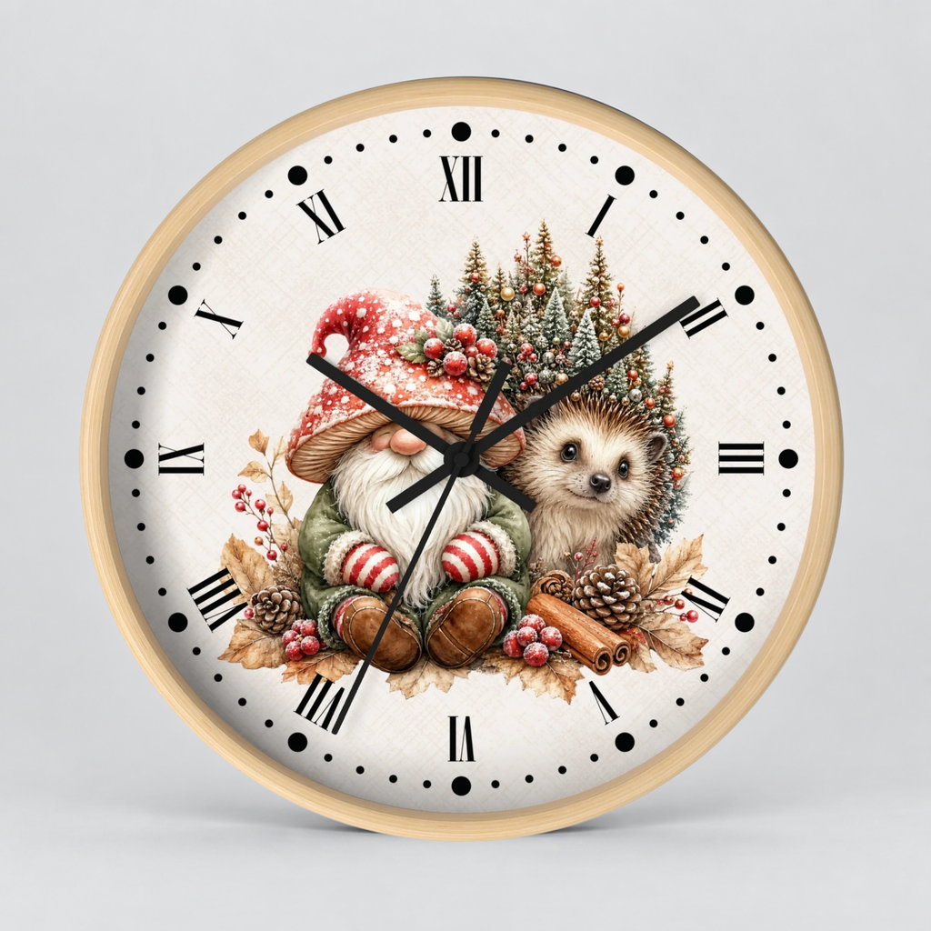 Christmas Gnome & Hedgehog Wall Clock — Cute Holiday Nursery Decor