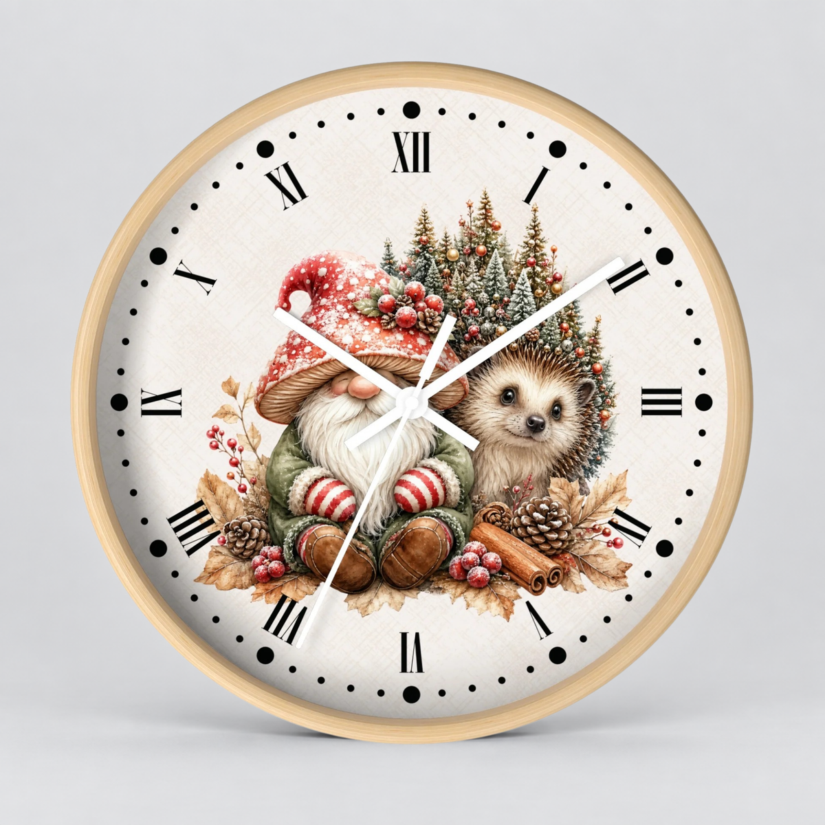 Christmas Gnome & Hedgehog Wall Clock — Cute Holiday Nursery Decor