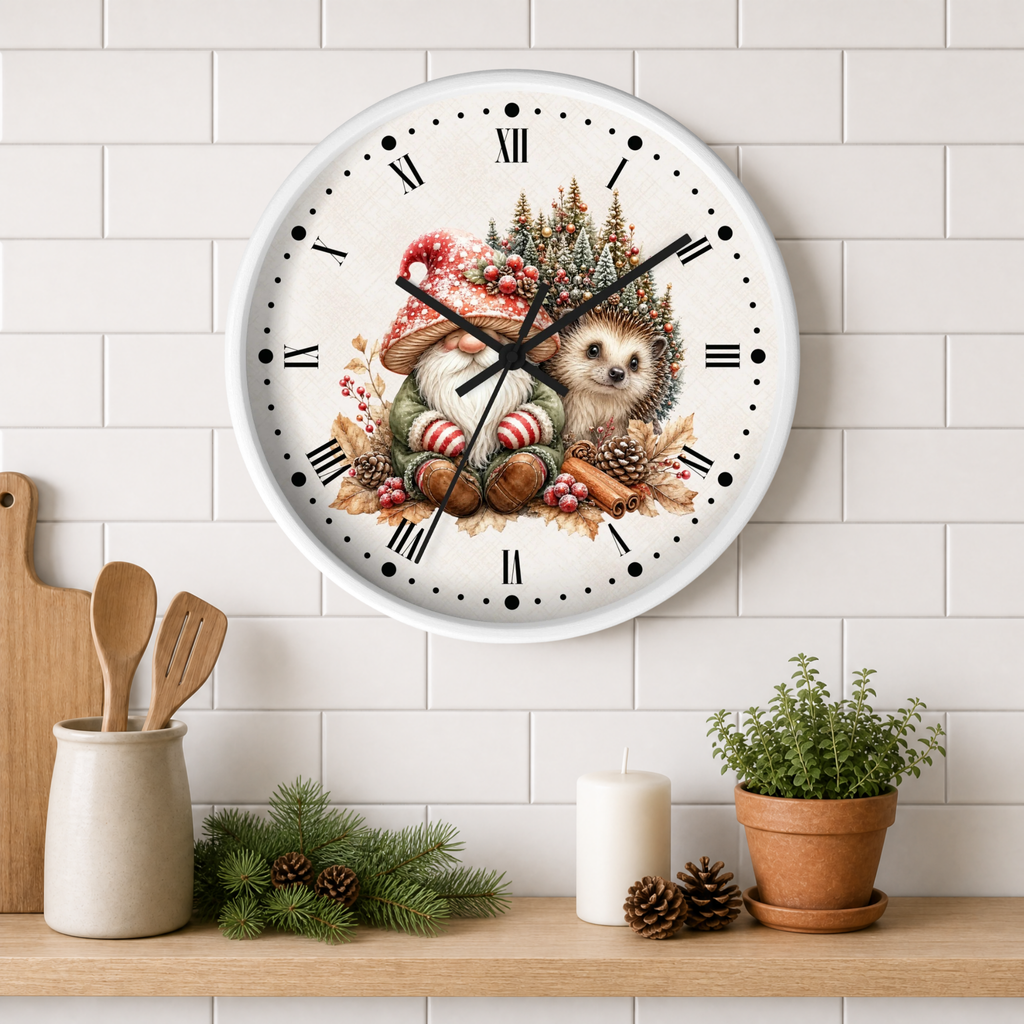 A round wall clock with a white face and Roman numerals, featuring a whimsical illustration of a small hedgehog surrounded by autumn foliage and pumpkins. The clock is mounted on a white subway tile wall above a wooden shelf styled with kitchen utensils, pine branches, a candle, and a potted plant.