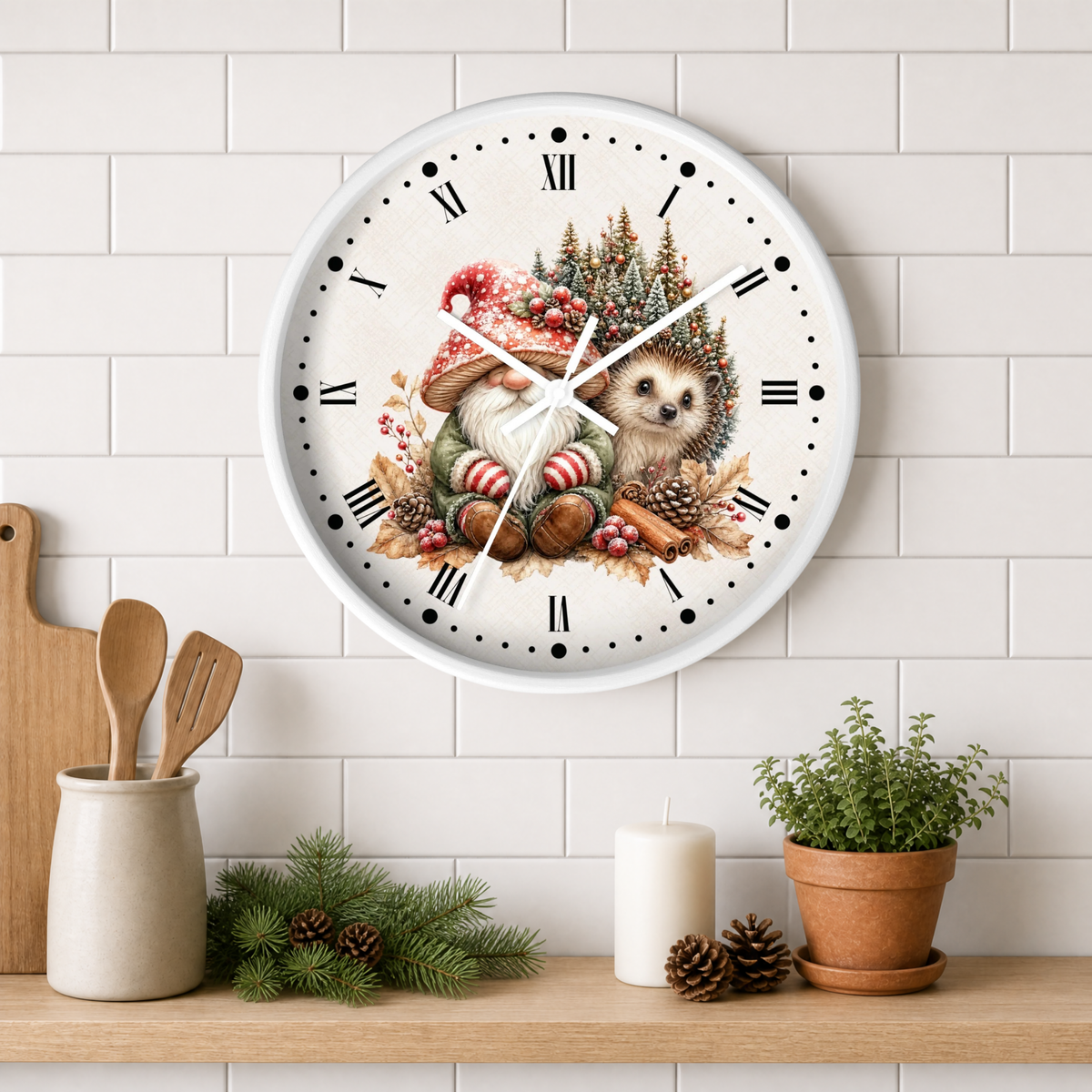 Christmas Gnome & Hedgehog Wall Clock — Cute Holiday Nursery Decor