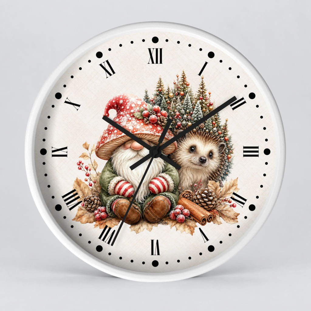 Christmas Gnome & Hedgehog Wall Clock — Cute Holiday Nursery Decor