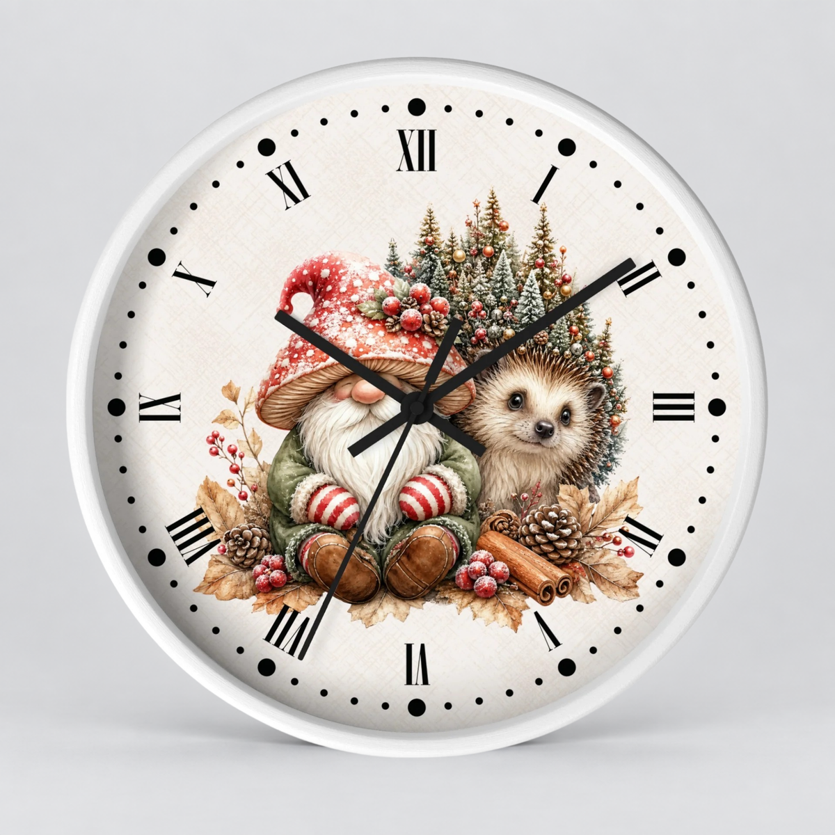 Christmas Gnome & Hedgehog Wall Clock — Cute Holiday Nursery Decor