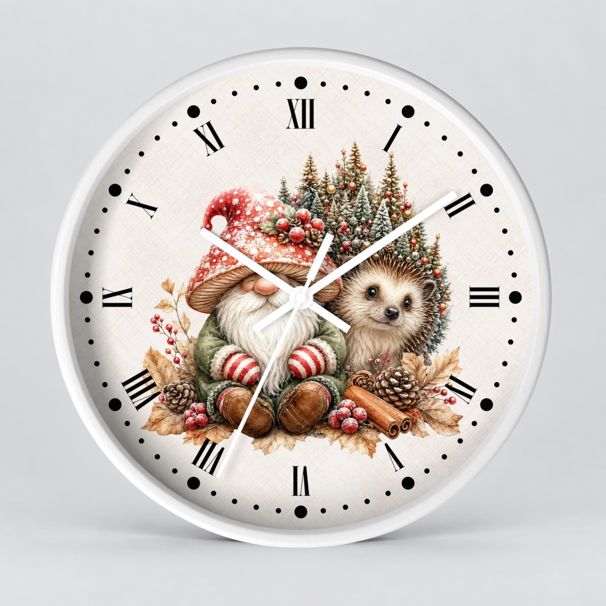 Christmas Gnome & Hedgehog Wall Clock — Cute Holiday Nursery Decor
