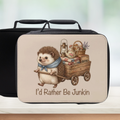 Lunch bag with a hedgehog design and text 'I'd Rather Be Junkin' on a neutral background