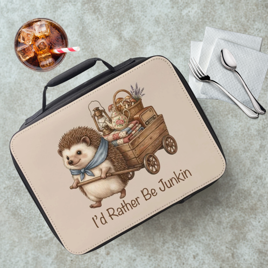 Lunch bag with hedgehog design and text on a cafeteria table with a drink and utensils.