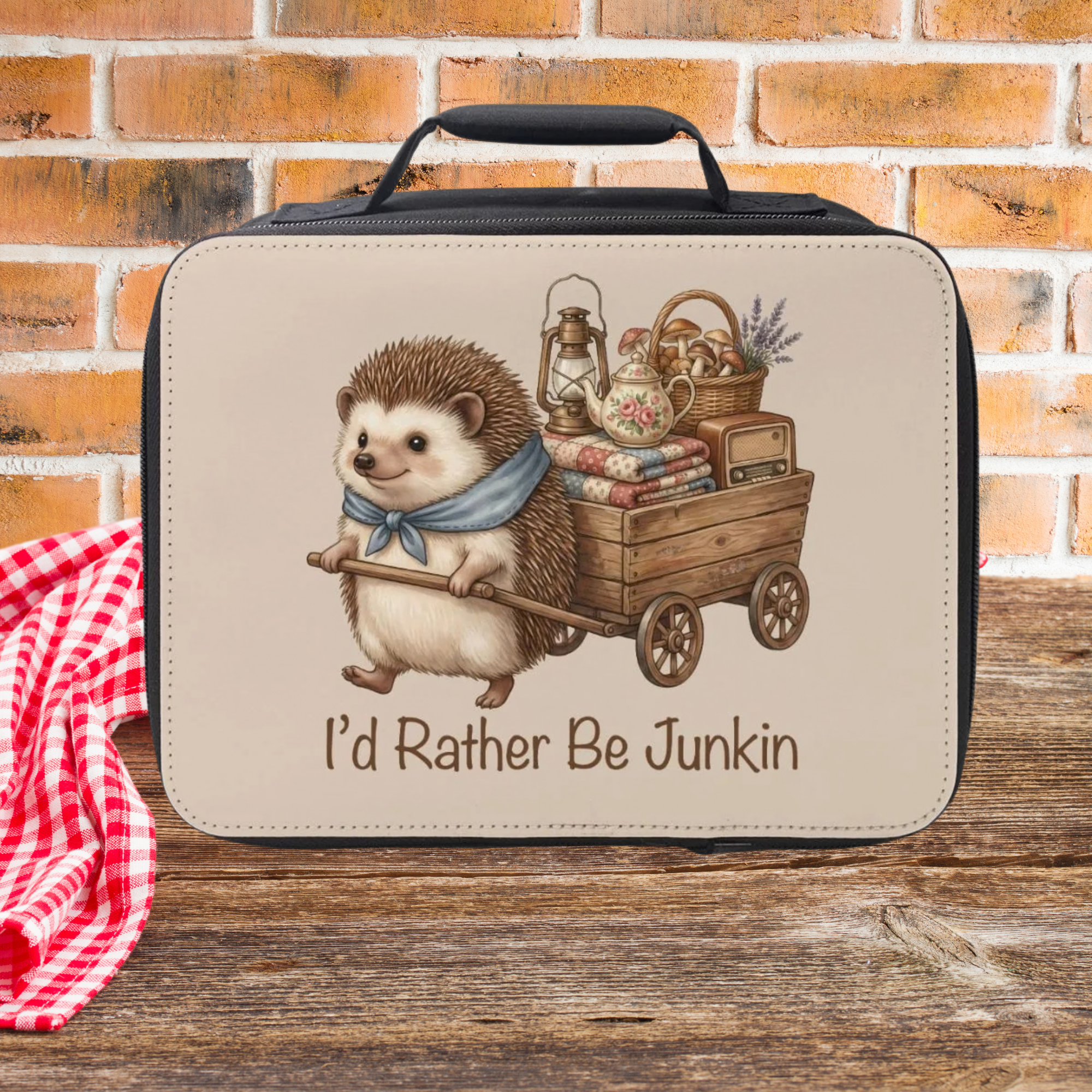 Lunch bag with hedgehog design and text 'I'd Rather Be Junkin' against a brick wall background