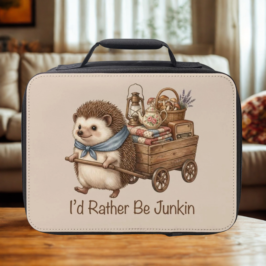  insulated lunch bag with hedgehog design and text 'I'd Rather Be Junkin' on a wooden coffee table in a cozy living room.