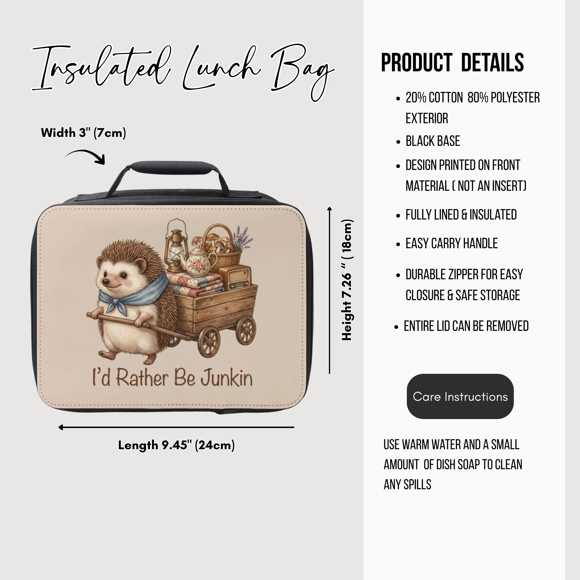 Insulated lunch bag with hedgehog design and product details on a white background