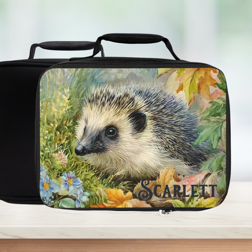 Black lunch bag with a hedgehog design and 'Scarlett' text on a white background