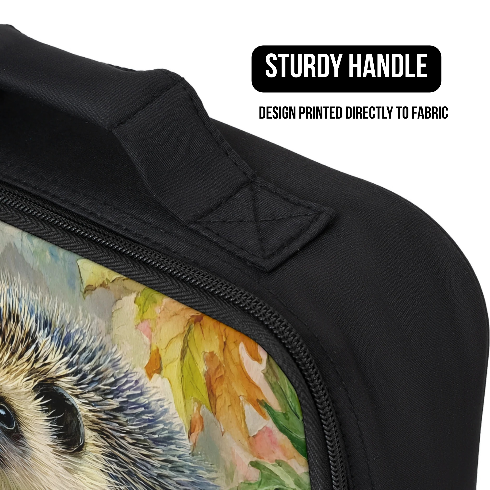 Black lunch bag with a hedgehog design and sturdy handle feature