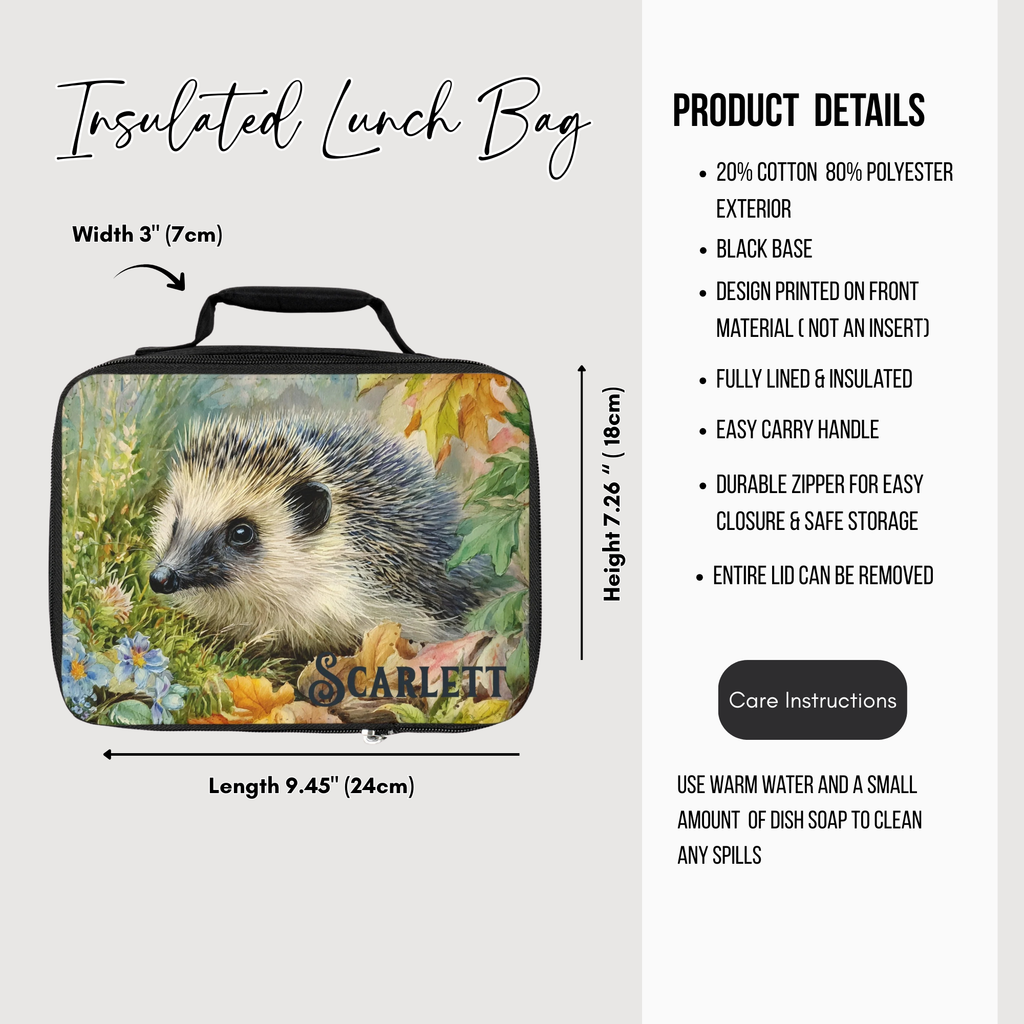 Insulated lunch bag with hedgehog design and product details on a white background