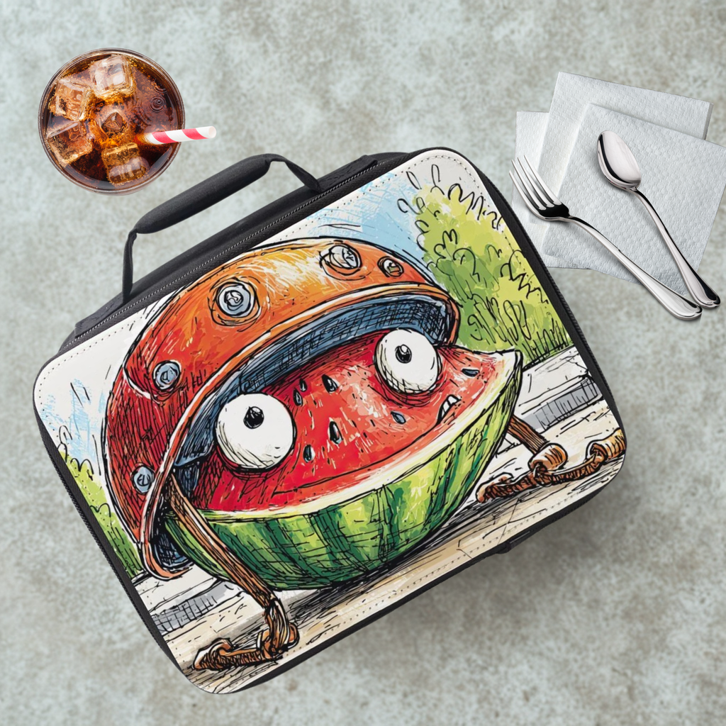 Lunch bag with watermelon wearing a  helmet design on a cafeteria table with a drink and utensils.