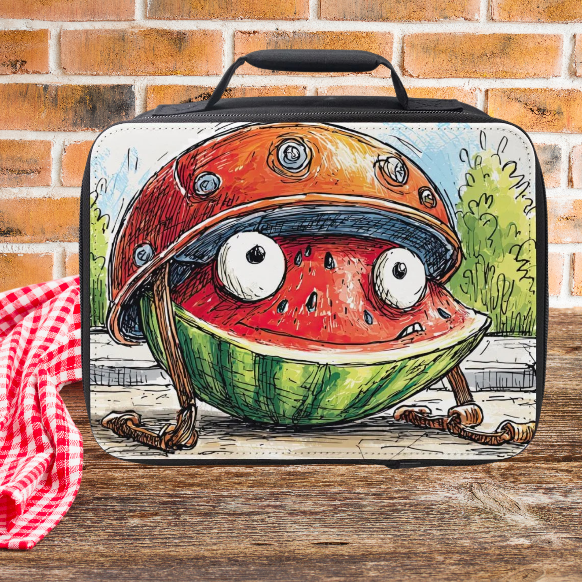 Lunch bag with watermelon character design on a wooden surface and brick wall background