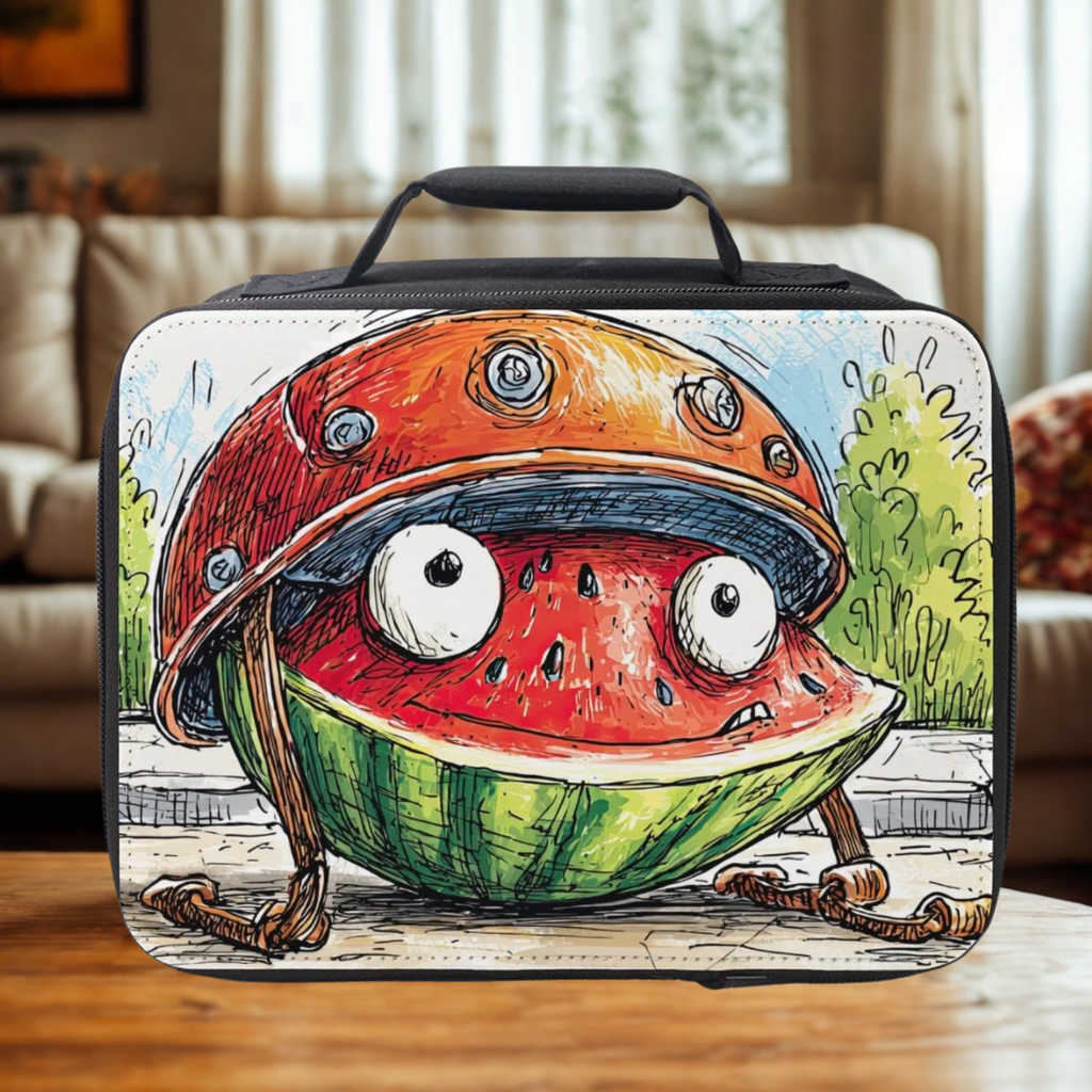  insulated lunch bag with watermelon character design on a wooden living room table.