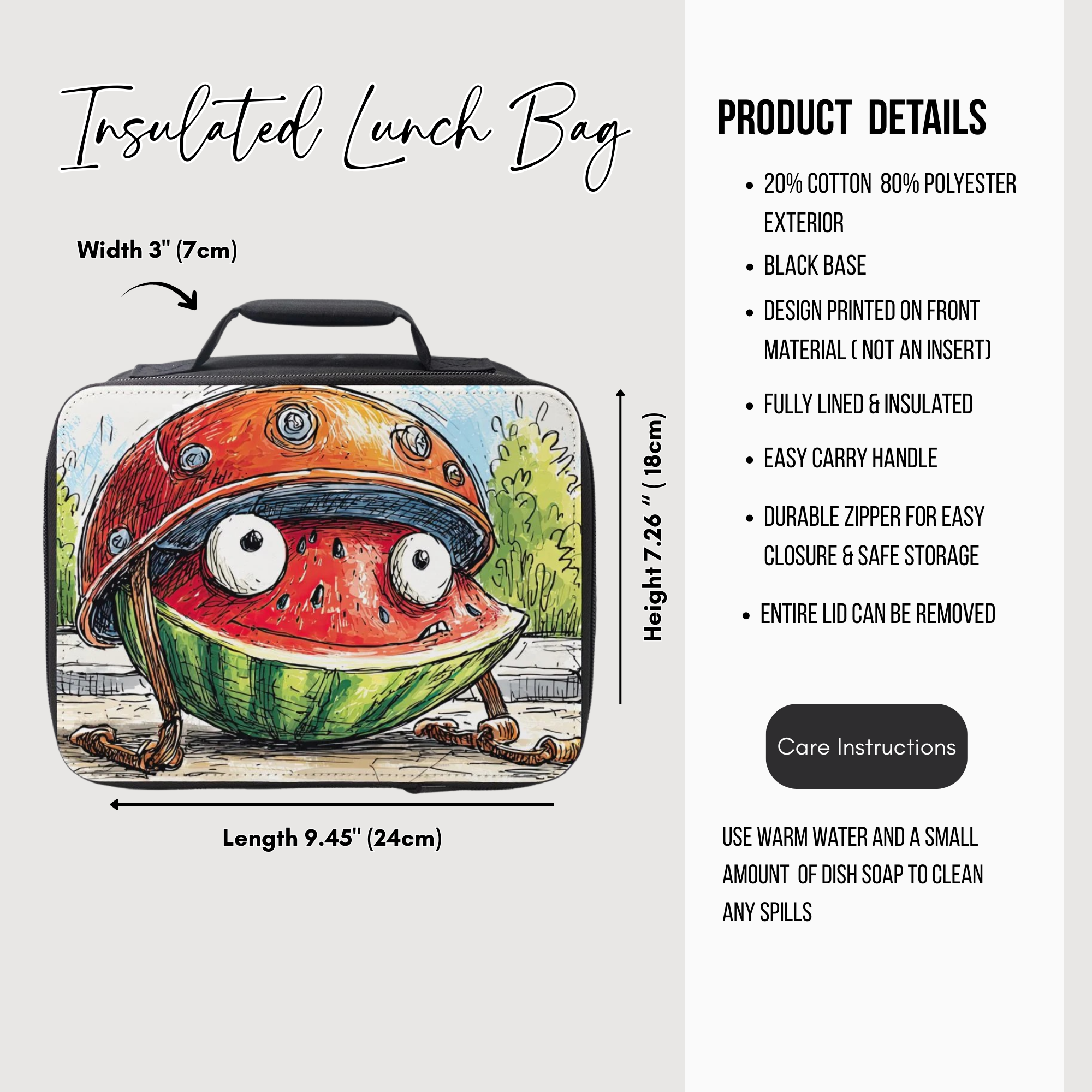 Insulated lunch bag with watermelon character design and product details on a white background