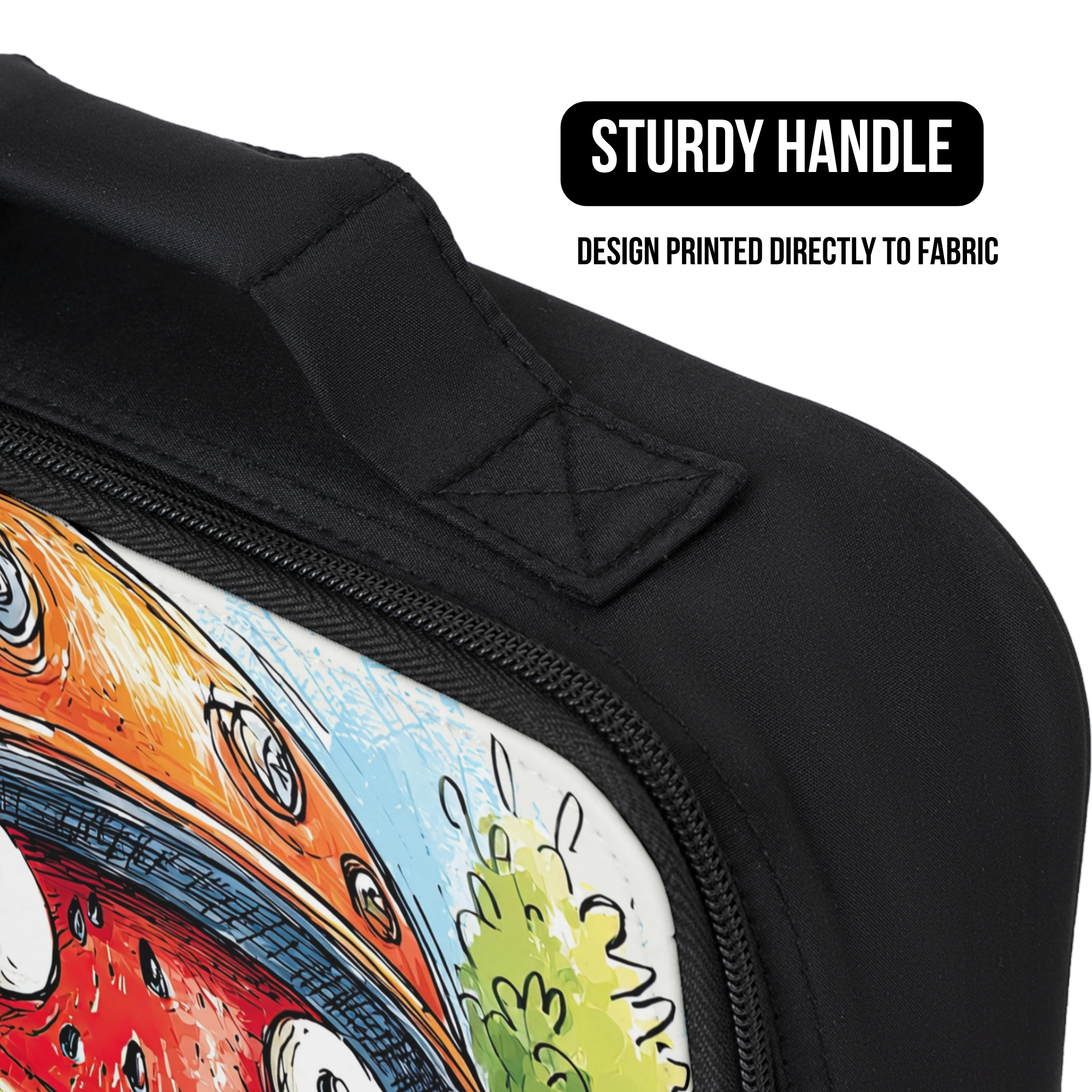 Black bag with colorful design and sturdy handle feature