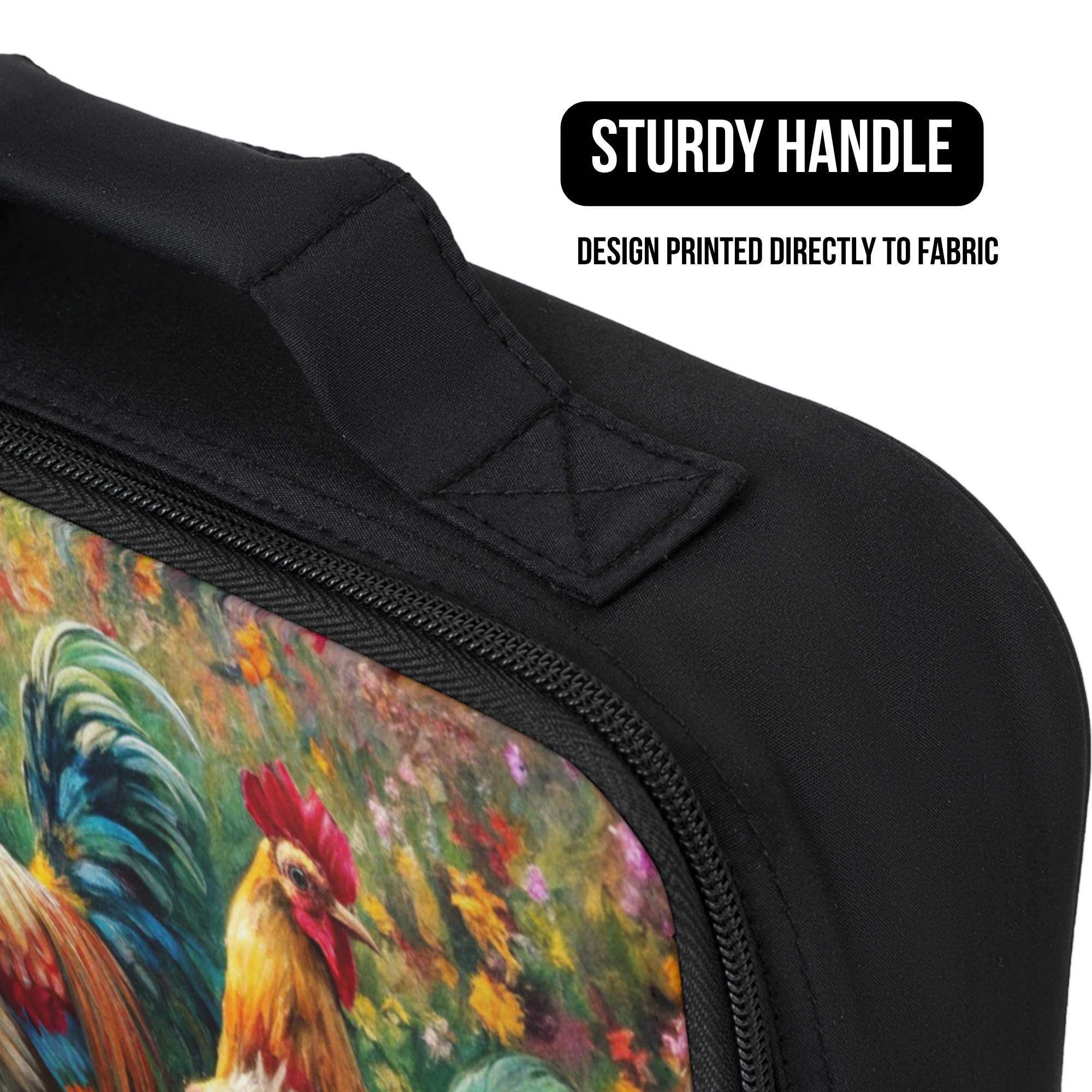 Black lunch bag with a colorful rooster design and 'Sturdy Handle' text on a white background