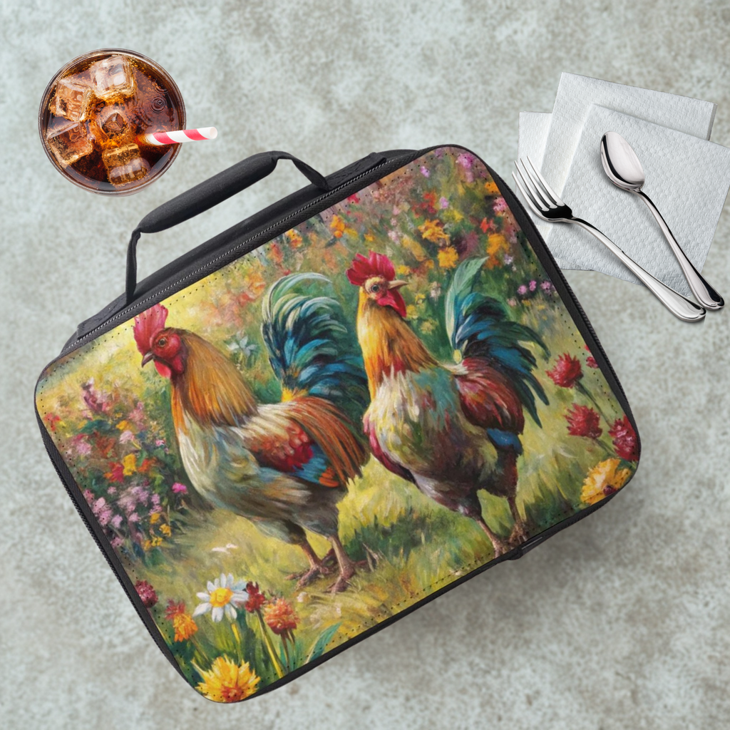 Lunch bag with hen & rooster chicken design on a table with a drink and utensils.