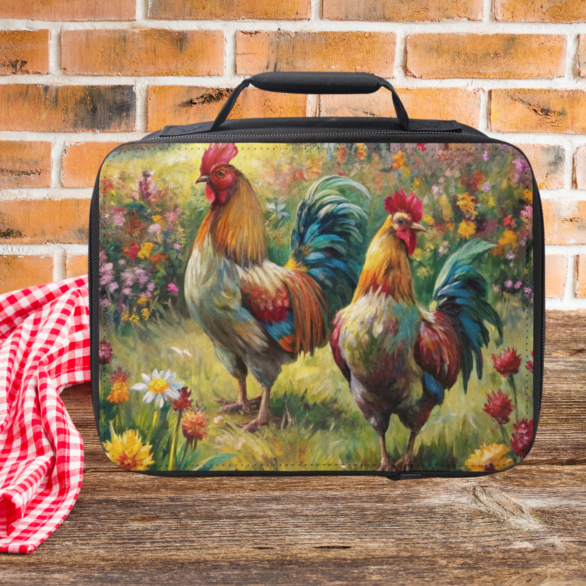  insulated lunch bag with rooster design on a wooden picnic table and brick wall background