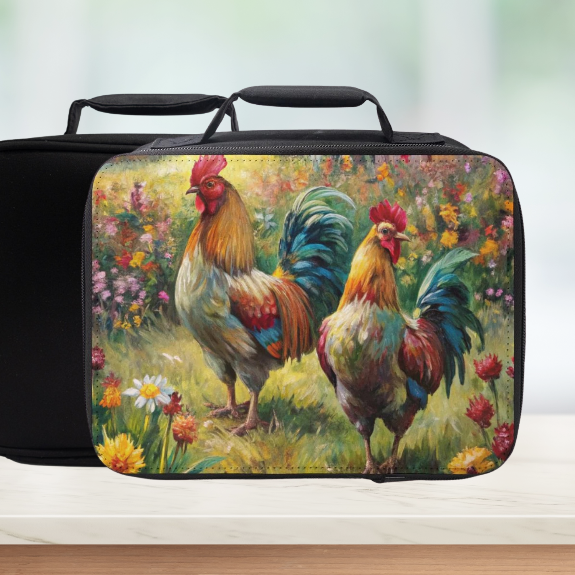 Black lunch box with hen & rooster oil painting design on a white surface