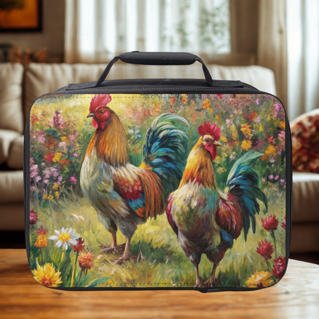  insulated lunch bag with hen & rooster chicken design on a wooden coffee table in a cozy living room