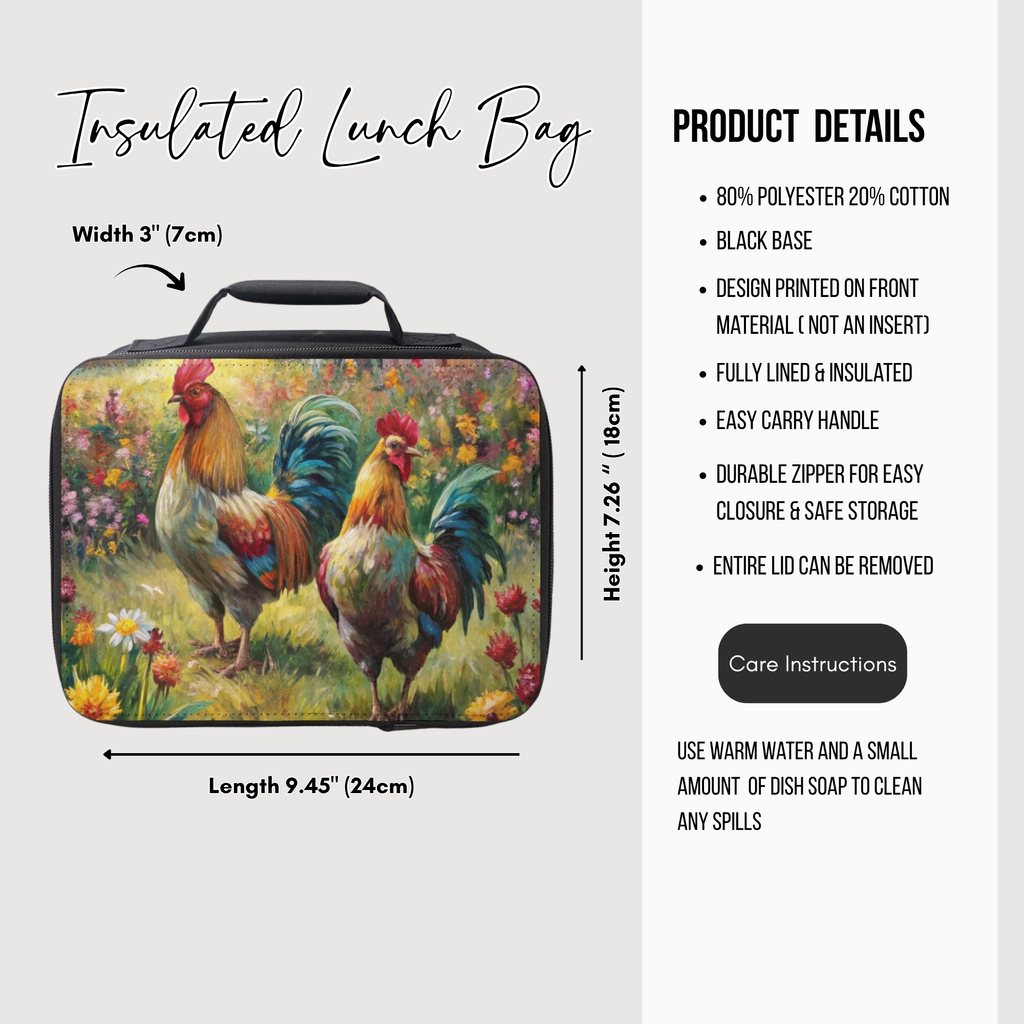 Insulated lunch bag with chicken oil painting design and product details on a white background