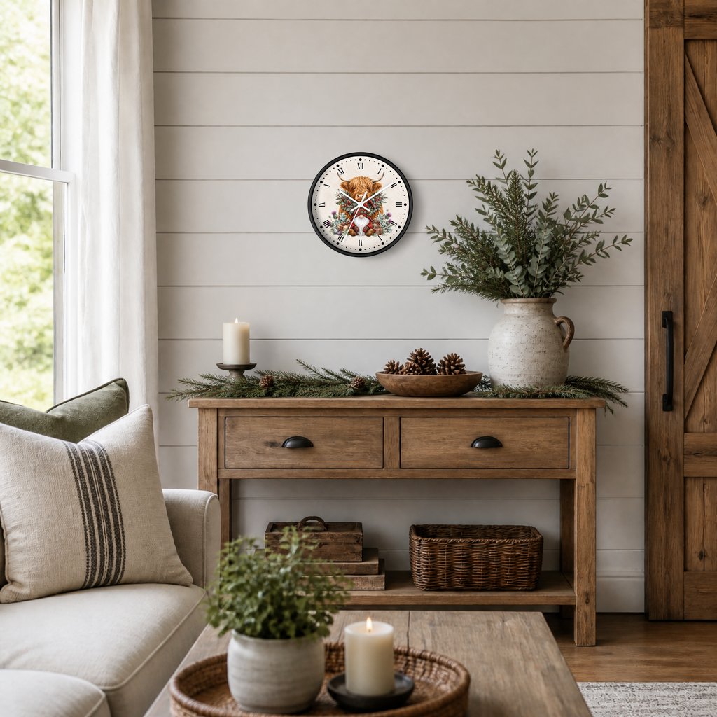 A round wall clock featuring a festive gnome and highland cow illustration, styled in a cozy, rustic living room setting above a wooden console table with holiday greenery and candles.