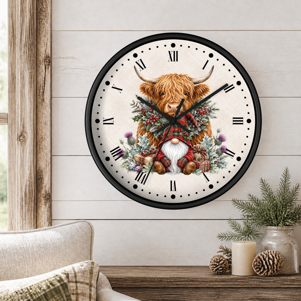 A round wall clock with a black frame and a festive illustration of a Highland cow dressed in a red plaid winter outfit, surrounded by a gnome, pinecones, and evergreen branches. The clock is mounted on a white wood-paneled wall above a rustic wooden table with a candle and pinecones.