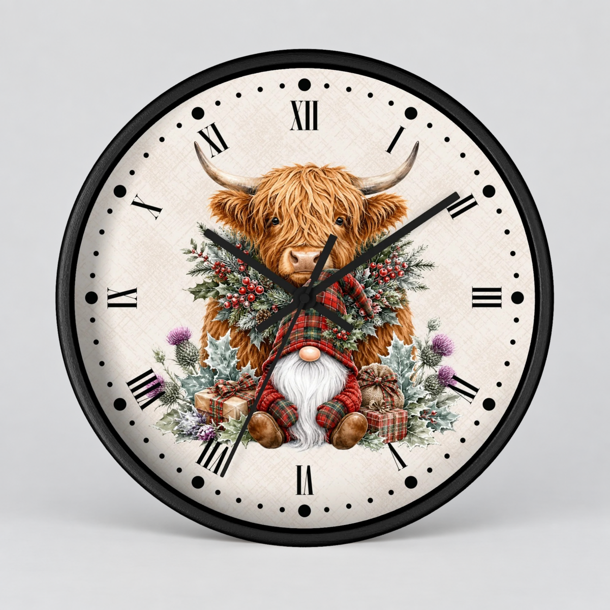 A round wall clock with a black frame and a cream-colored face featuring a whimsical illustration of a Highland cow and a gnome in a plaid outfit, surrounded by winter foliage and gifts.