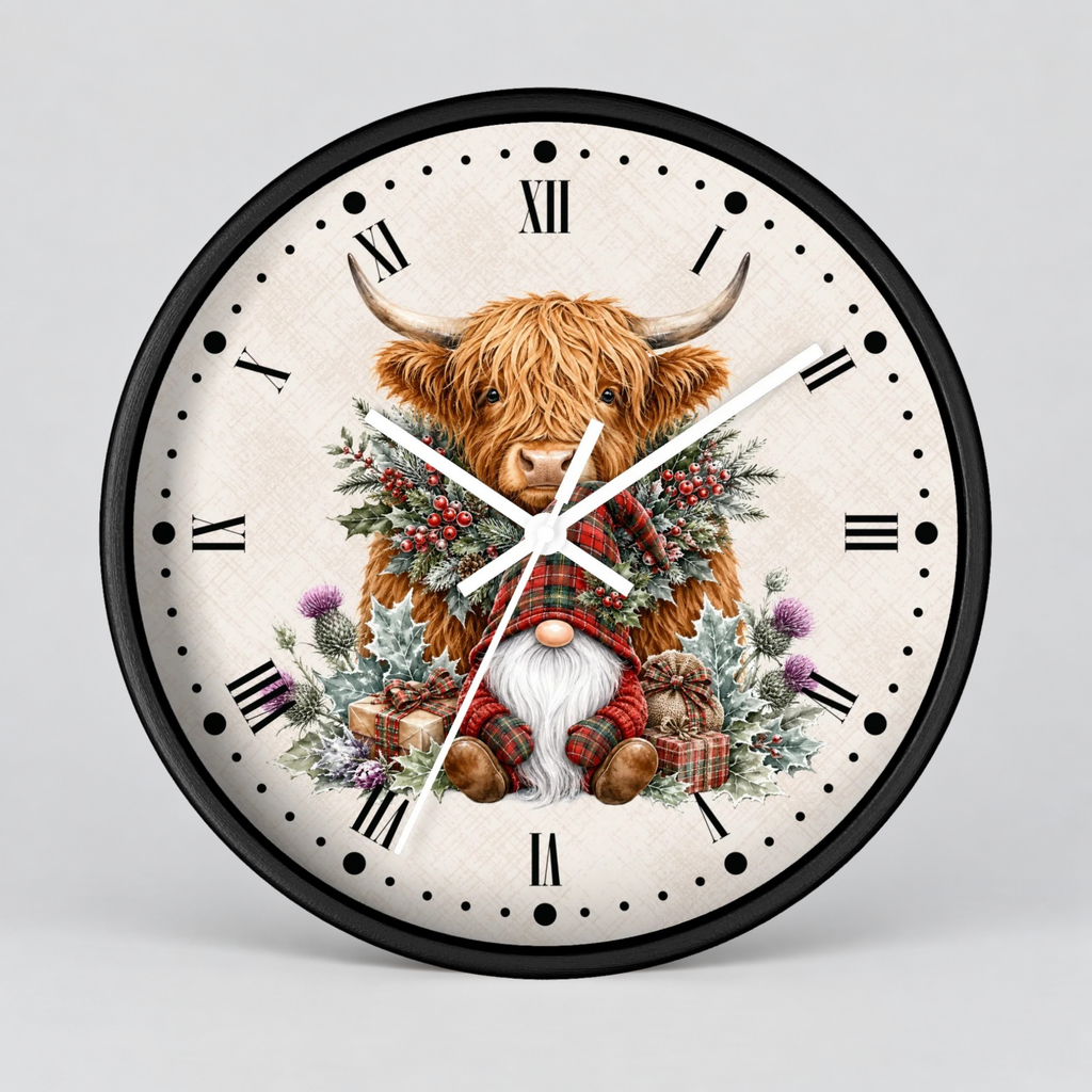 A round wall clock with a black frame and a cream-colored face featuring a festive illustration of a Highland cow and a gnome in a plaid outfit, surrounded by greenery and red berries.
