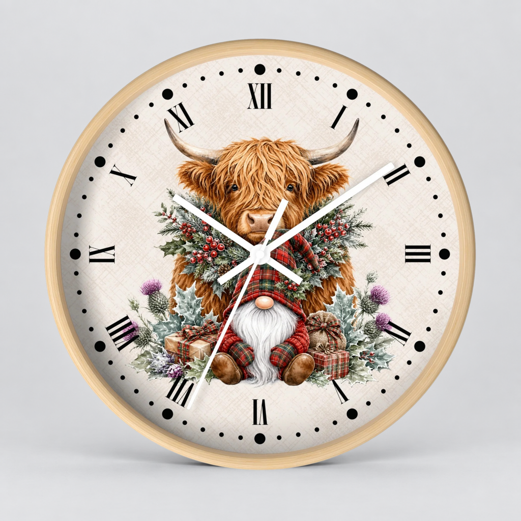 Round wall clock with a light wood frame and a cream-colored face, featuring a detailed illustration of a Highland cow with a plaid sweater and a gnomem, surrounded by festive greenery and gifts.