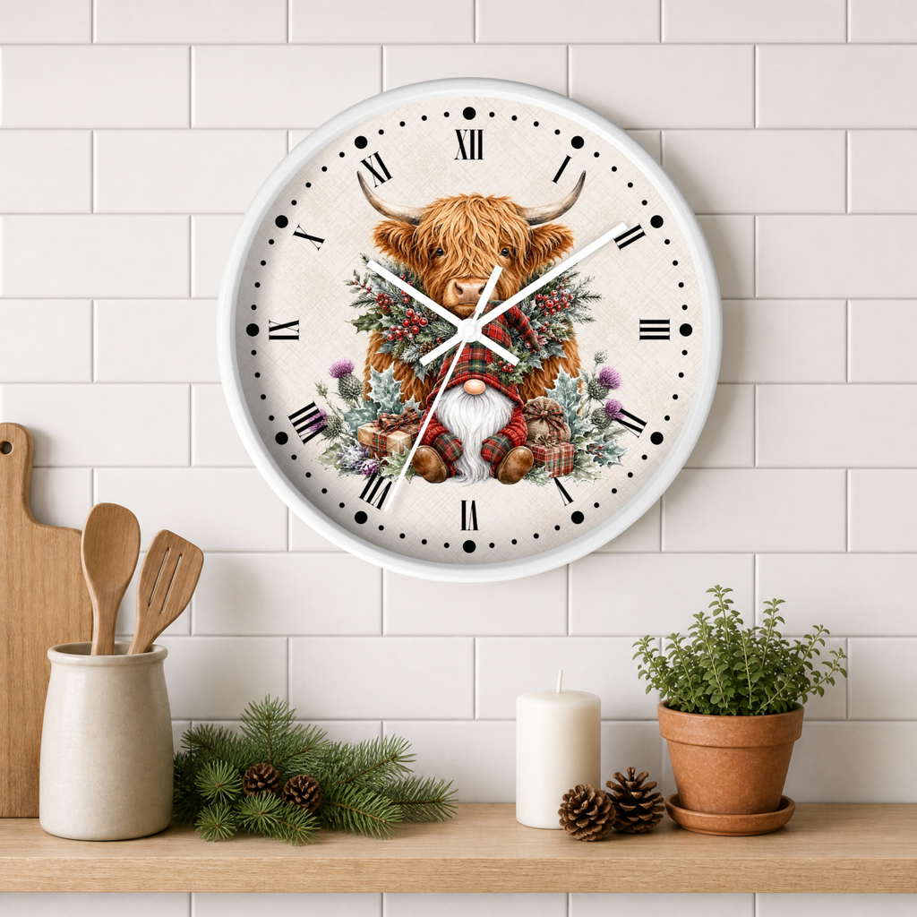 A round wall clock with a white face and Roman numerals, featuring a highland cow illustration decorated with a red plaid scarf and a floral wreath. The clock is mounted on a white subway tile wall above a wooden shelf styled with kitchen utensils, pine branches, a candle, and a potted plant.