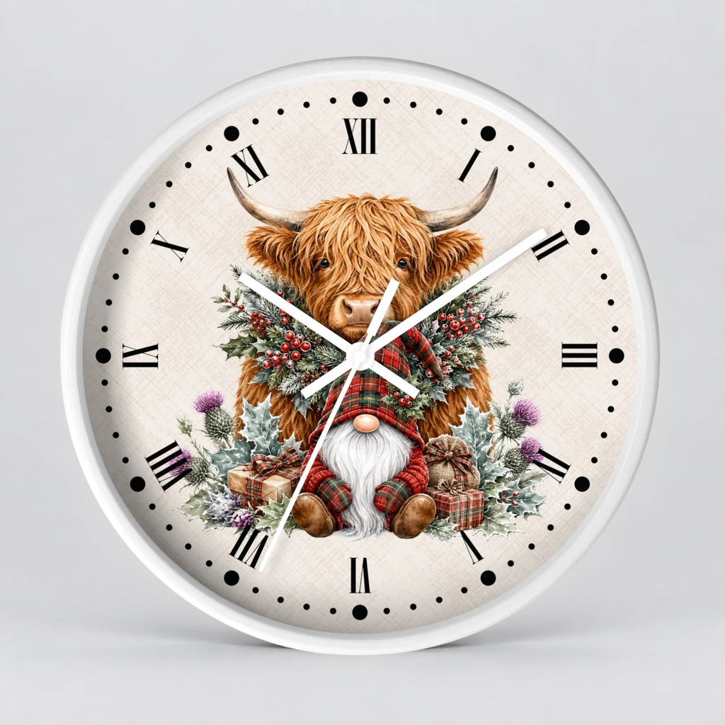 A round wall clock with a white frame and a festive illustration of a Highland cow and a gnome on the cream-colored dial, featuring black Roman numerals and white clock hands.