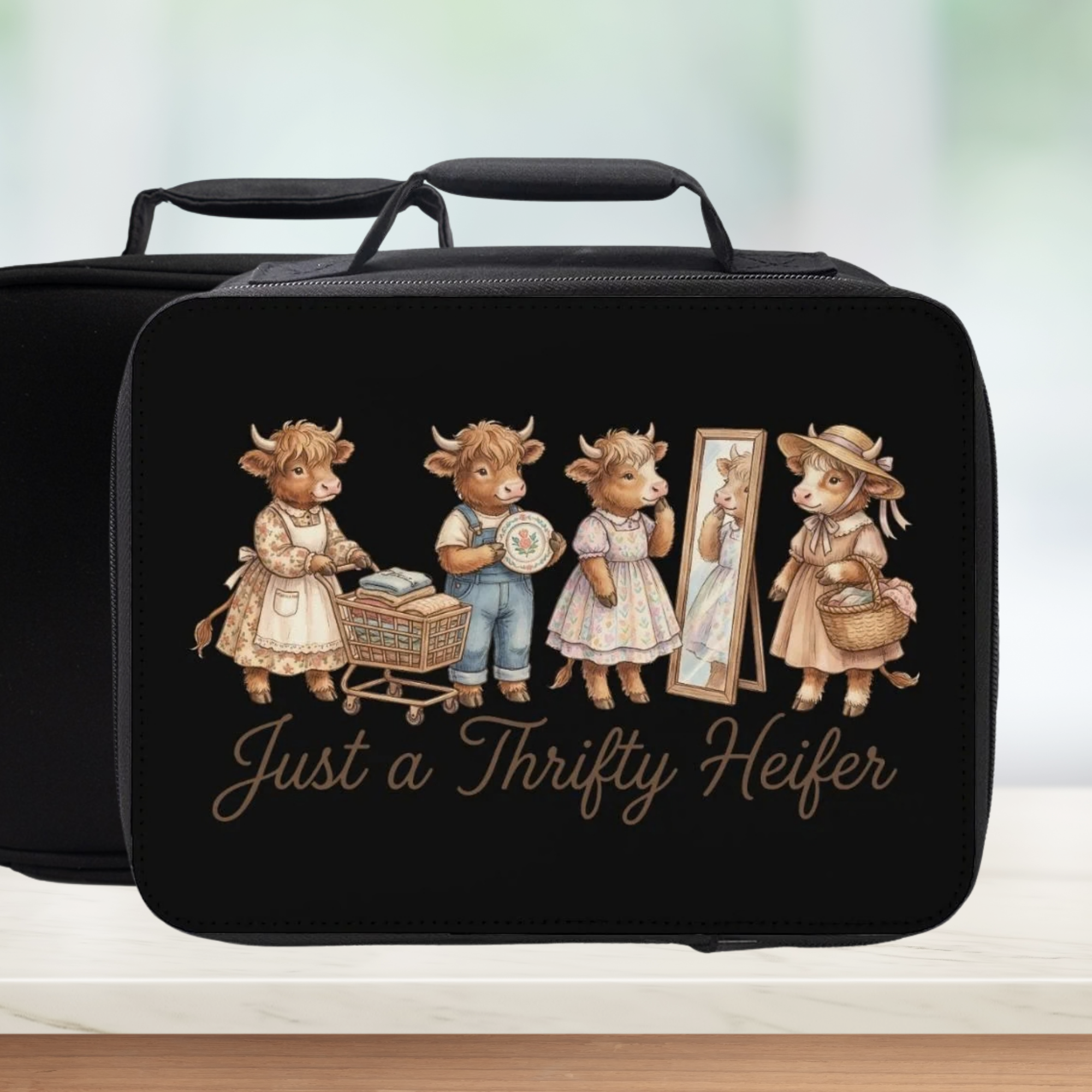 Black lunch bag with illustrations of cows and text 'Just a Thrifty Heifer' on a light background