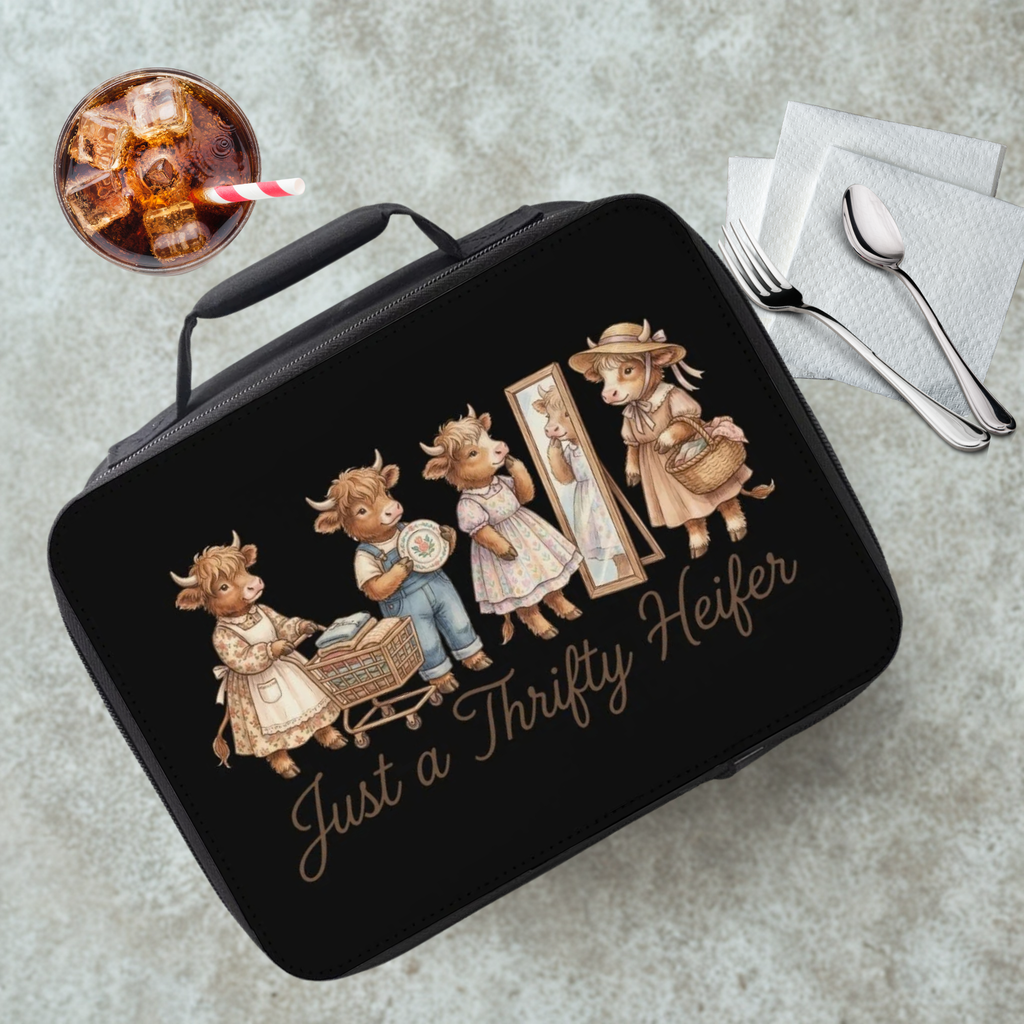Black lunch box with vintage-style thrift shopping cow illustrations and text 'Just a Thrifty Heifer' on a gray table with a drink and utensils.